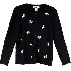 Ambra Womens Large Black Christmas Scottie Dog Embroidered Cardigan Knit Sweater
